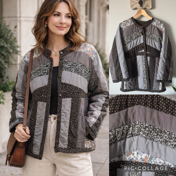 Handmade Jackets & Blazers - Vintage Patchwork Quilted Upcycled handmade Jacket grey floral black small